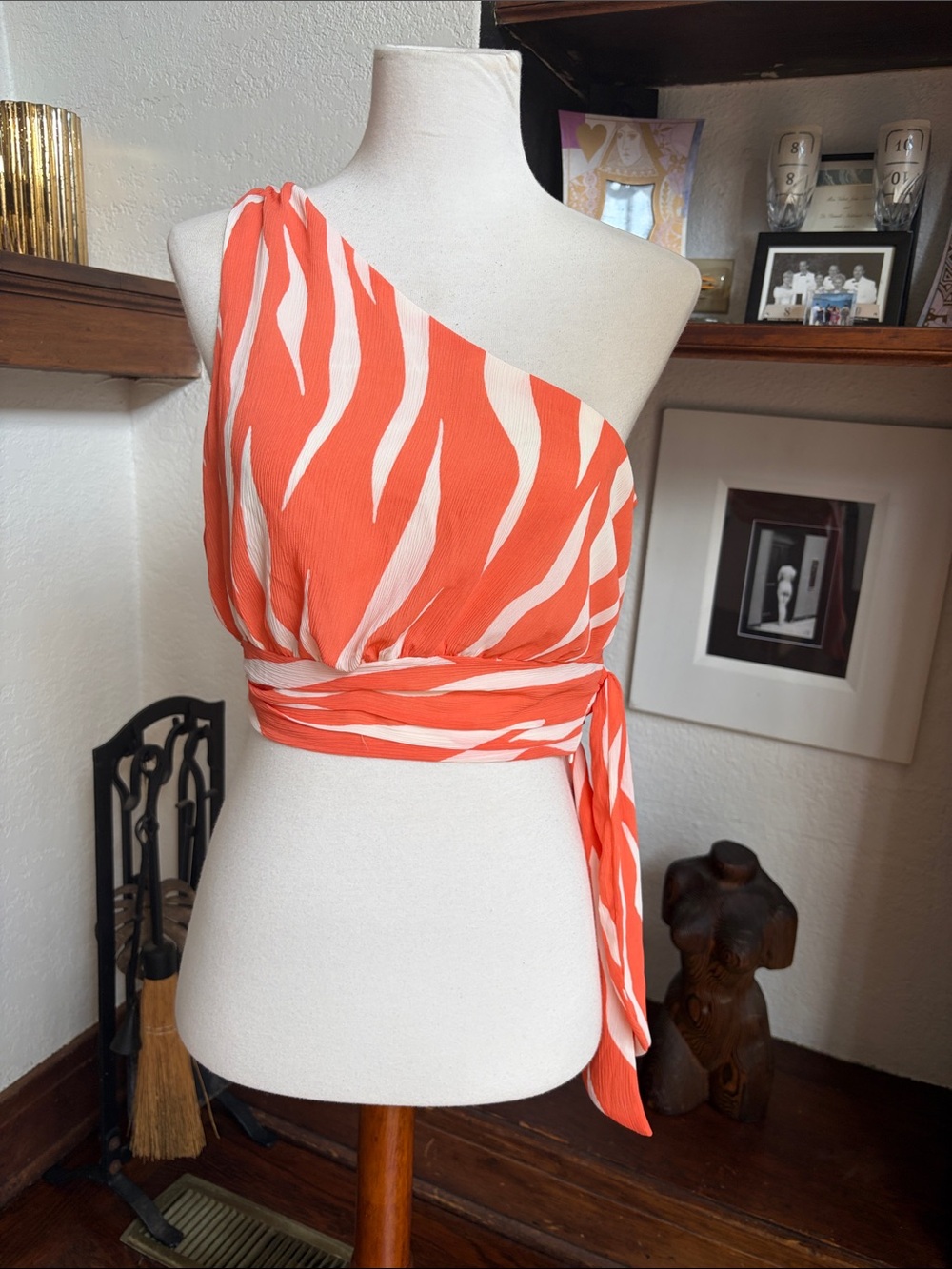 H&M Coral Orange Ivory One Shoulder Wrap Crop Top Size S